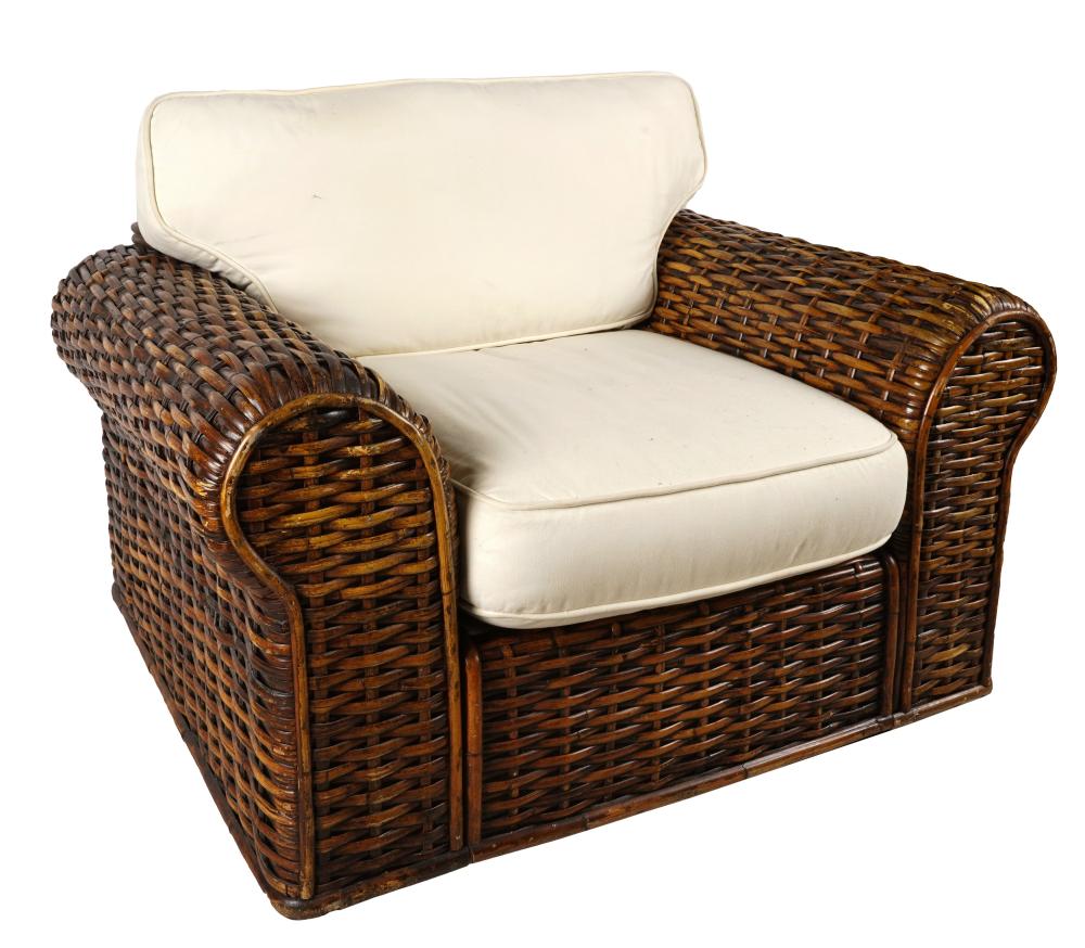 Appraisal: RALPH LAUREN RATTAN ARMCHAIRunsigned with white canvas cushions Dimensions x