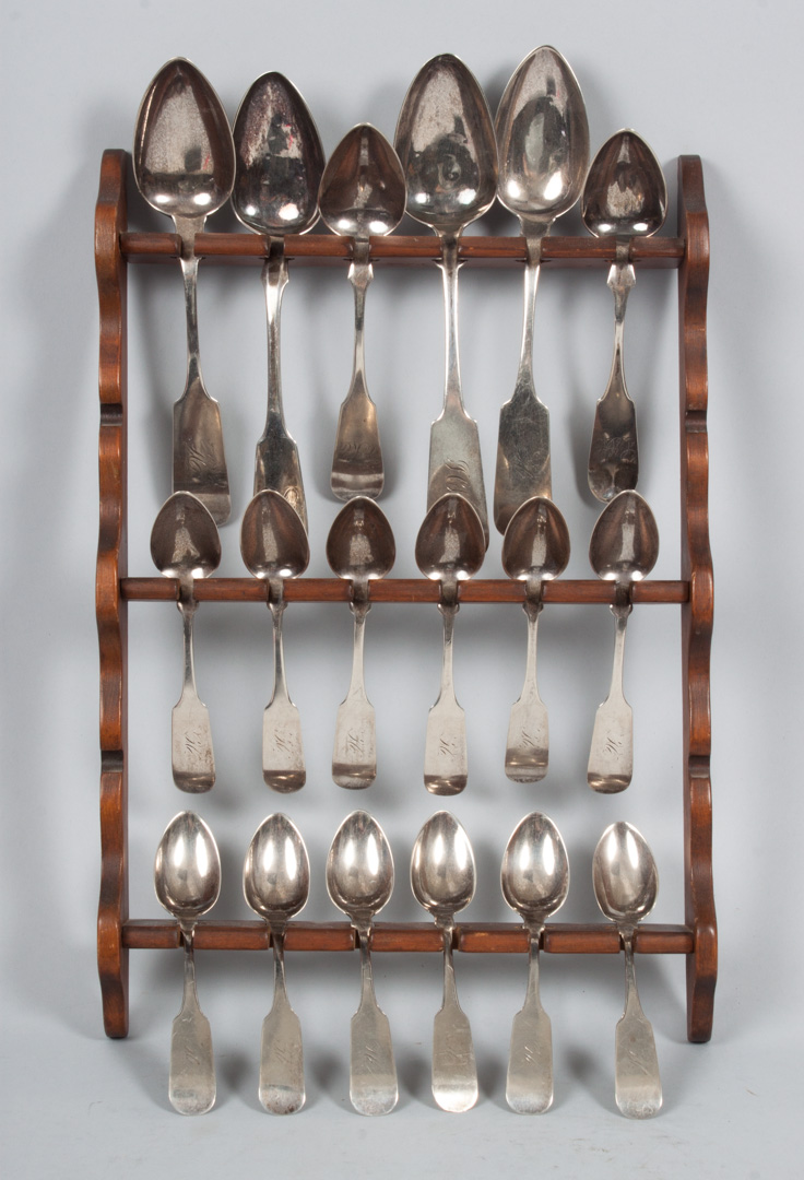 Appraisal: Eighteen American coin silver fiddleback spoons th century fiddleback teaspoons