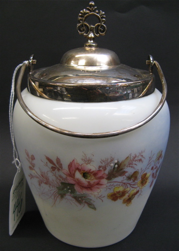 Appraisal: MERIDEN SILVER DECORATED GLASS BISCUIT BARREL c in the style