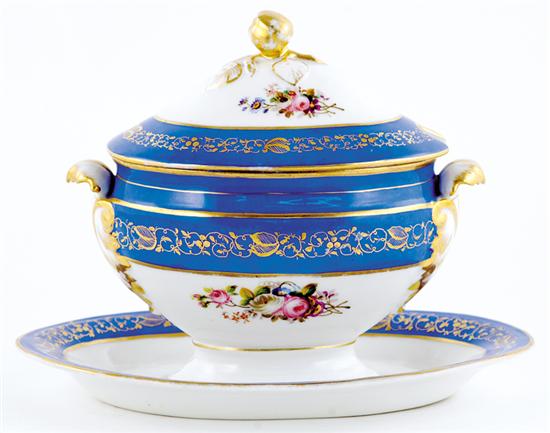 Appraisal: Paris porcelain covered sauce tureen on stand th century fruit