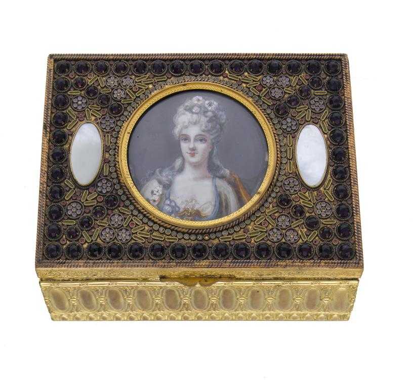 Appraisal: A PALAIS ROYAL 'JEWELLED' AND PAINTED GILTMETAL BOX the lid