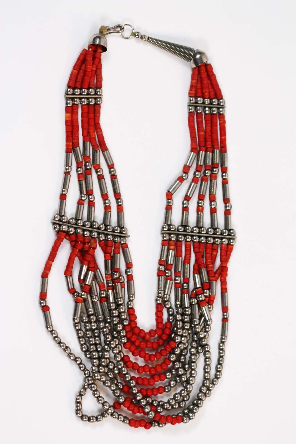 Appraisal: CONTEMPORARY SILVER BEAD CORAL COLORED STONE NECKLACEUnmarked Composed of multi