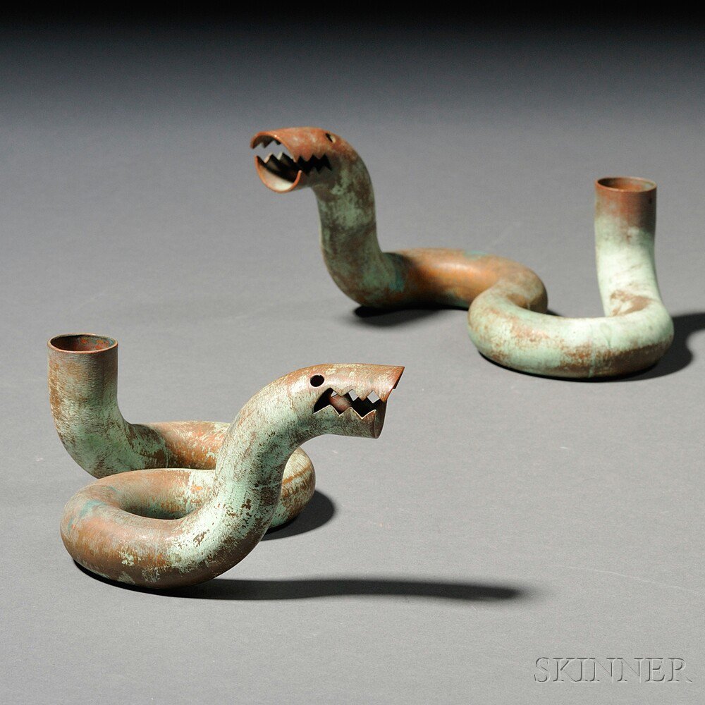 Appraisal: Pair of Jonathan Bonner Snake Candlesticks Patinated copper pipe Verdigris