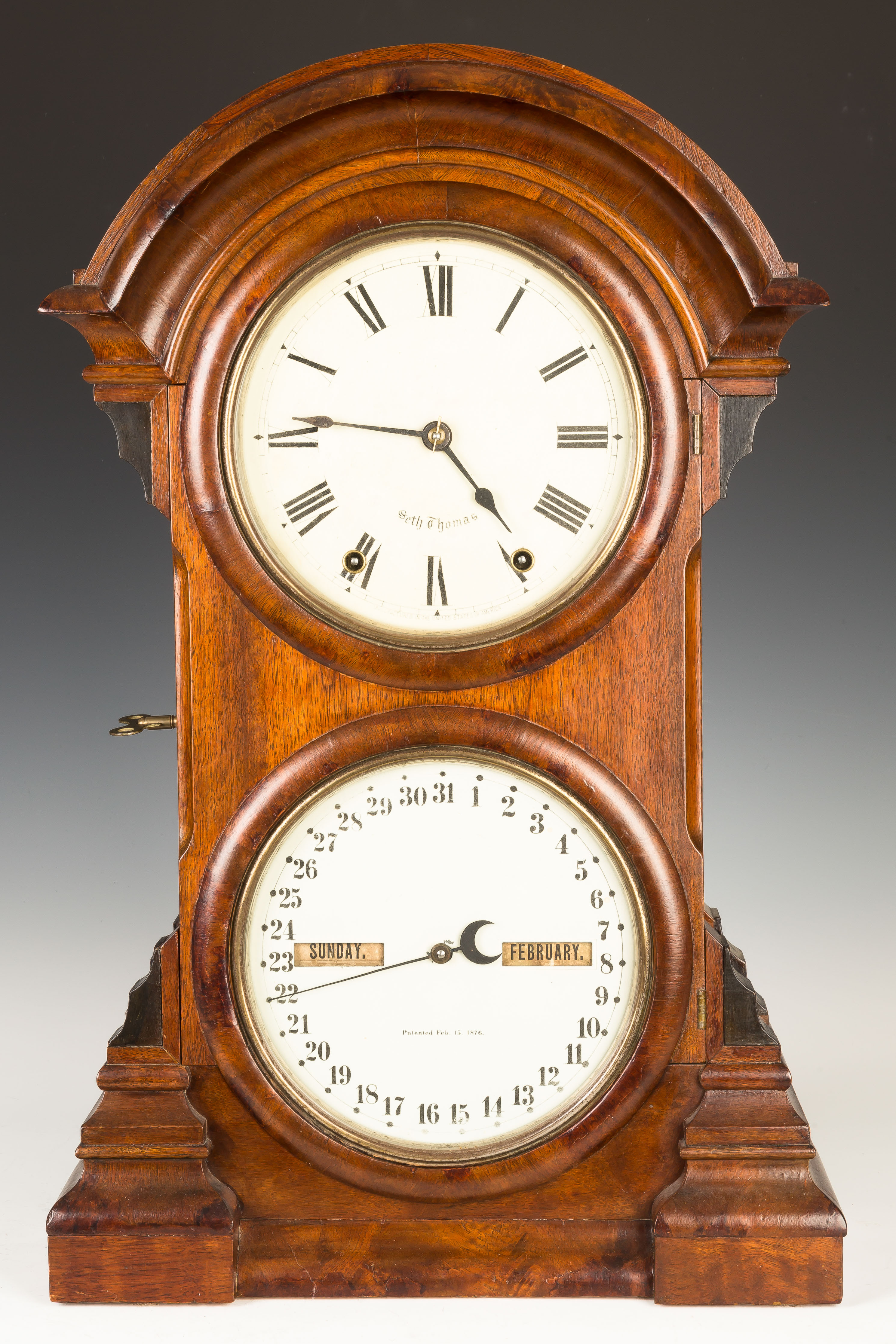 Appraisal: Seth Thomas Parlor Double Dial Calendar Shelf Clock Figured mahogany