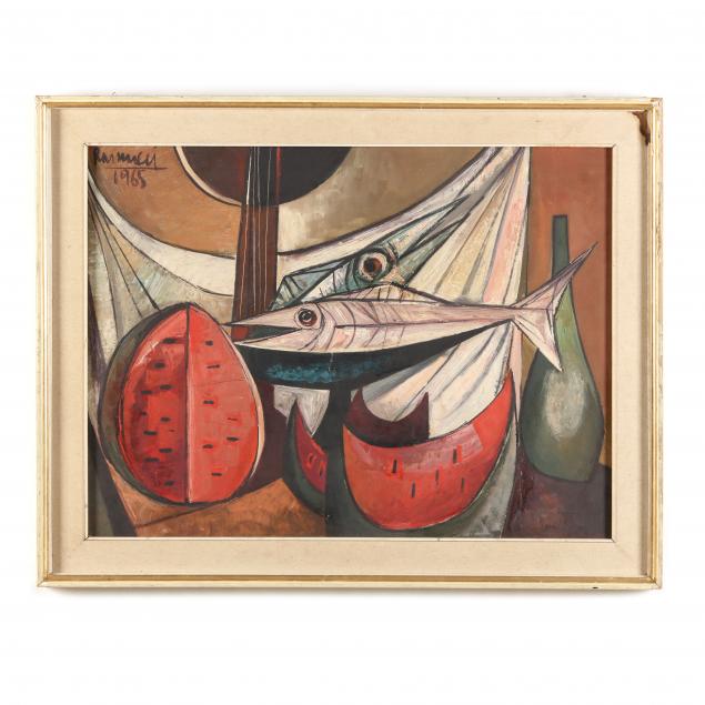 Appraisal: A MODERN CUBIST STYLE STILL LIFE PAINTING OF WATERMELON AND