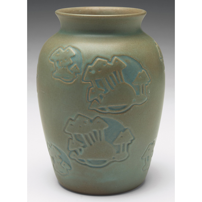 Appraisal: Overbeck vase shouldered form with carved abstract landscape designs covered