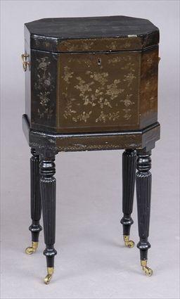 Appraisal: ASIAN EXPORT CHINOISERIE BLACK LACQUER CELLERET ON STAND The chamfered