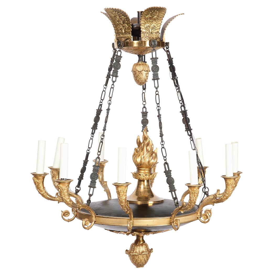 Appraisal: Empire Style Gilt-Bronze and Painted Ten-Light Chandelier The palmette cast