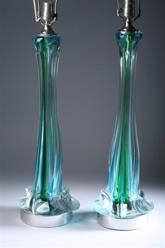 Appraisal: PAIR SHAPED AQUA AND EMERALD GREEN ART GLASS TABLE LAMPS