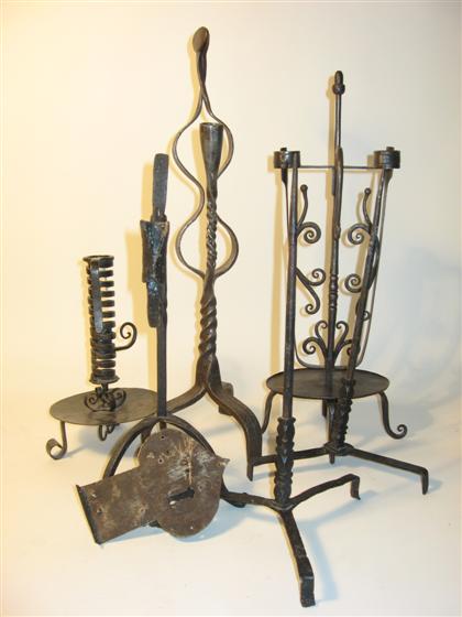 Appraisal: Collection of seven iron objects Including six decorative candle holders