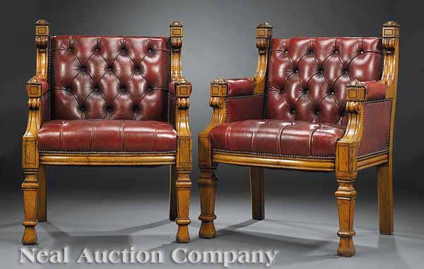 Appraisal: A Pair of English Carved Oak Library Chairs of Generous