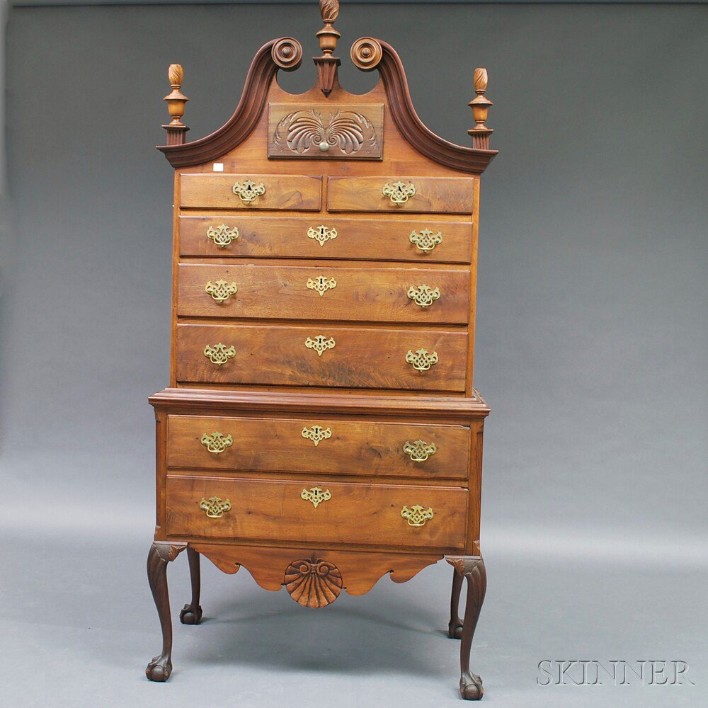 Appraisal: Chippendale-style Carved Walnut Scroll-top High Chest the broken-arch cresting with