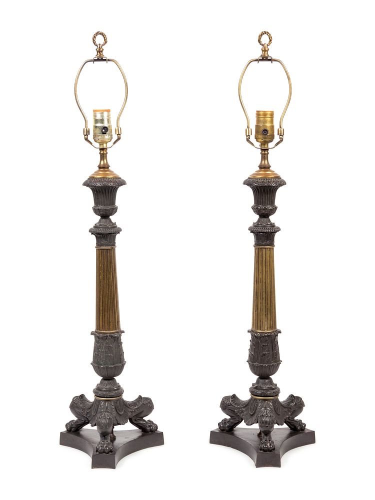 Appraisal: A Pair of Empire Style Bronze Candlesticks Mounted as Lamps