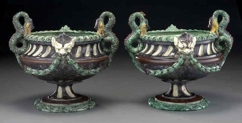 Appraisal: Pr French majolica campana form urns each having two serpent