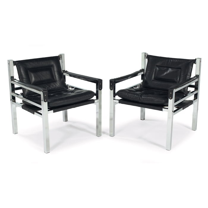 Appraisal: s Italian lounge chairs pair square chrome frames tufted black