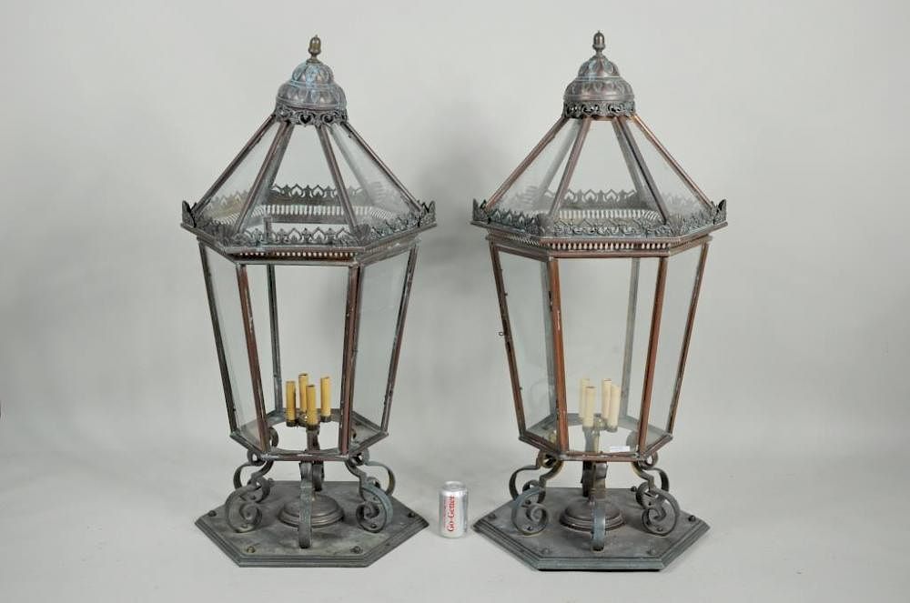 Appraisal: Pair Large Copper Brass Standing Post Lanterns Pair large copper