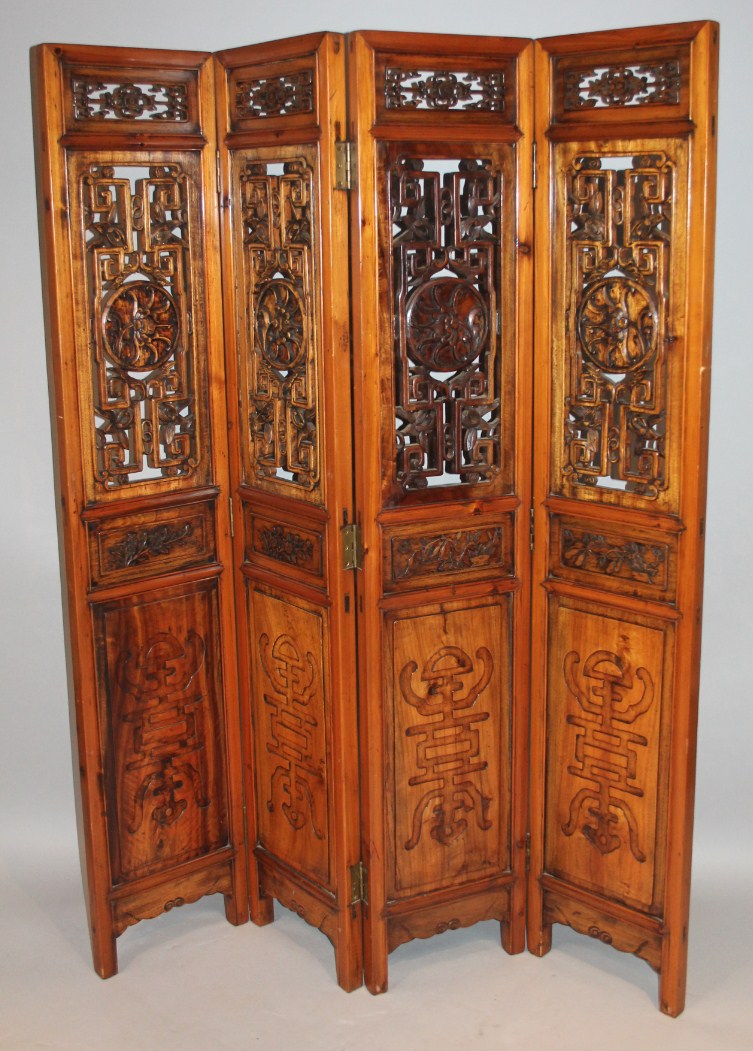 Appraisal: A thC Chinese hardwood four fold screen each panel heavily