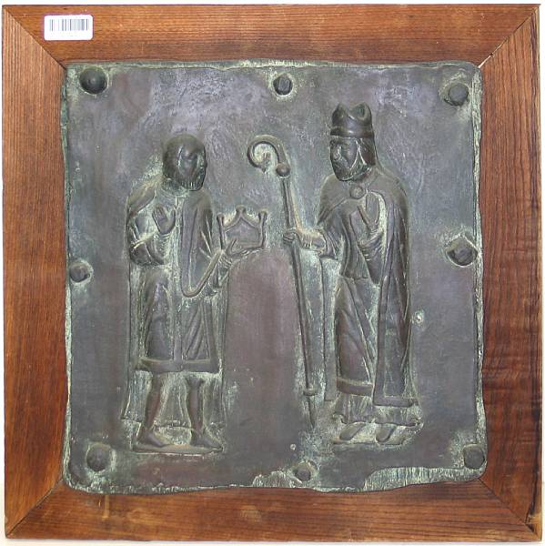 Appraisal: A framed patinated bronze relief plaque St Zeno receiving the