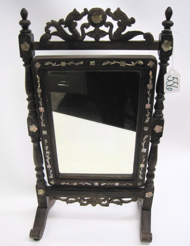 Appraisal: CHINESE BLACK WOOD TABLE MIRROR adjustable mirror supported by the