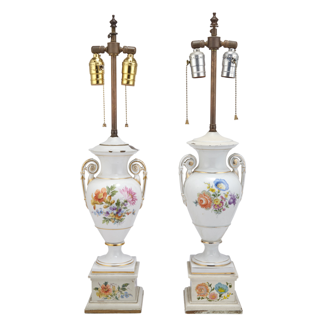 Appraisal: Pair of Neoclassical Style Gilt and Floral Decorated Porcelain Lamps