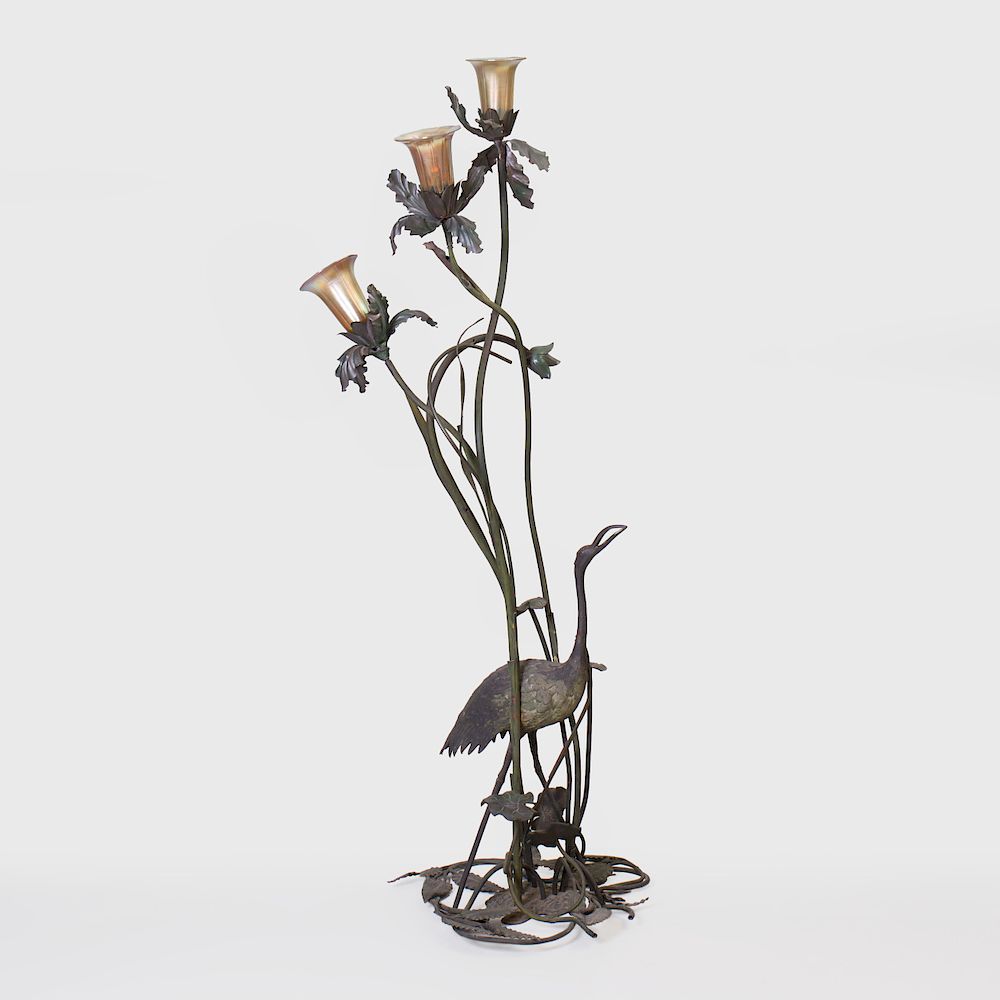 Appraisal: Art Nouveau Iridescent Patinated-Bronze Figural Floor Lamp with Iridescent Glass