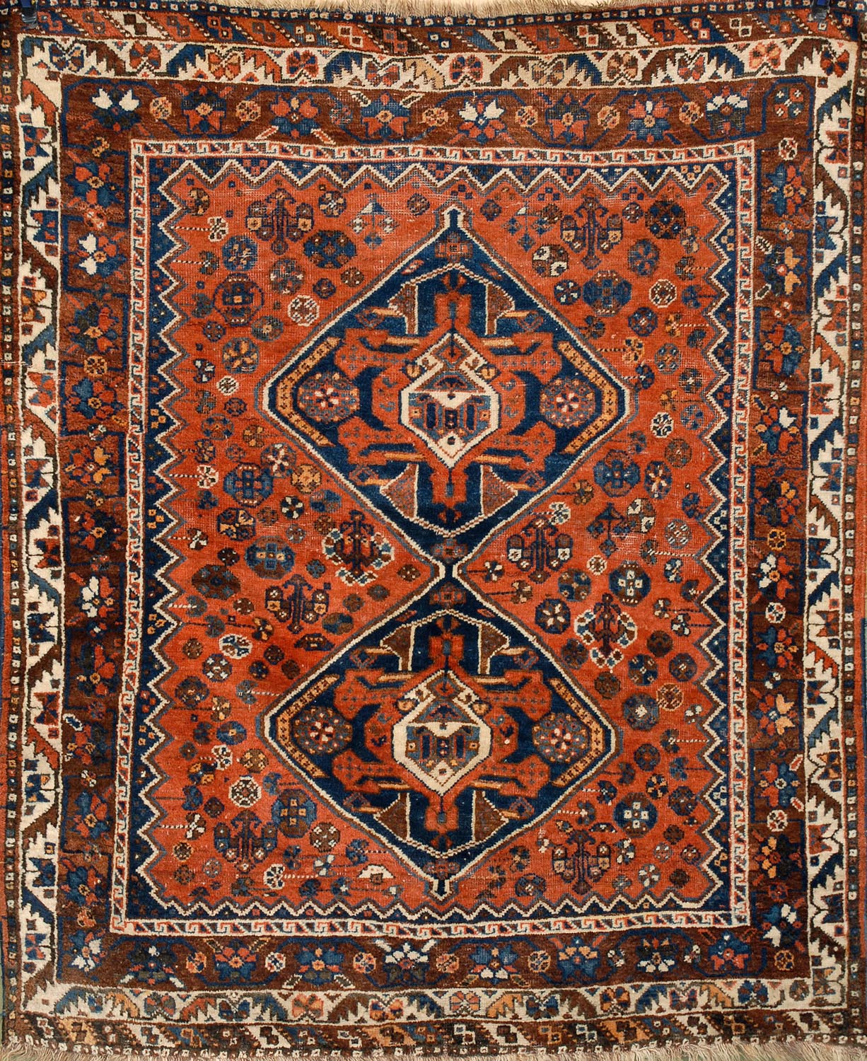 Appraisal: ORIENTAL RUG AFSHAR ' x ' Two linked geometric medallions