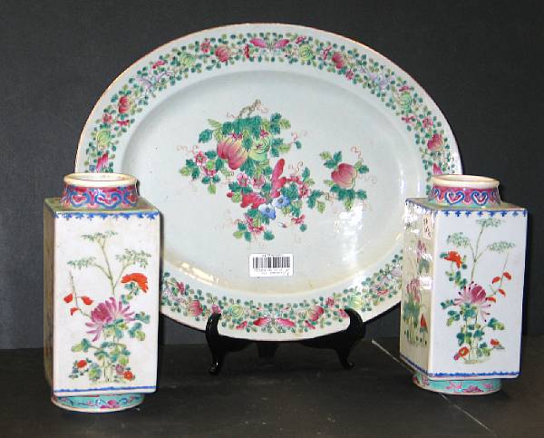 Appraisal: Three famille rose enameled porcelains Including a oval serving dish