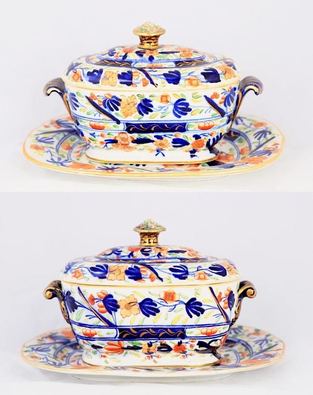 Appraisal: Two English Soft Paste Porcelain Imari Pattern Covered Sauce Dish