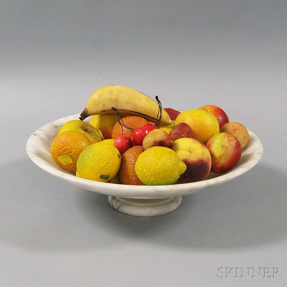 Appraisal: Turned Marble Bowl with Twenty-four Pieces of Stone Fruit Italy