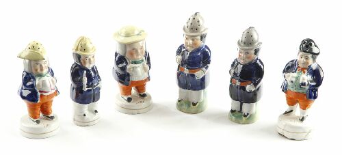 Appraisal: Six various th century Staffordshire figural condiments including three policemen