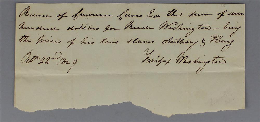 Appraisal: FAIRFAX WASHINGTON SIGNED RECEIPT FOR TWO SLAVES ANTHONY AND HENRY