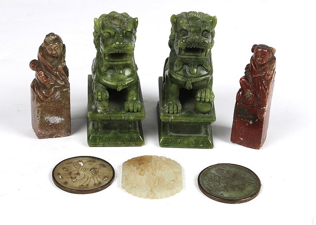 Appraisal: A PAIR OF CHINESE GREEN HARDSTONE FIGURES each in the