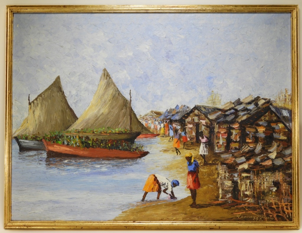 Appraisal: WESNER PIERRE-LOUIS HAITIAN VILLAGE PAINTING Haiti b Haitian impressionist landscape