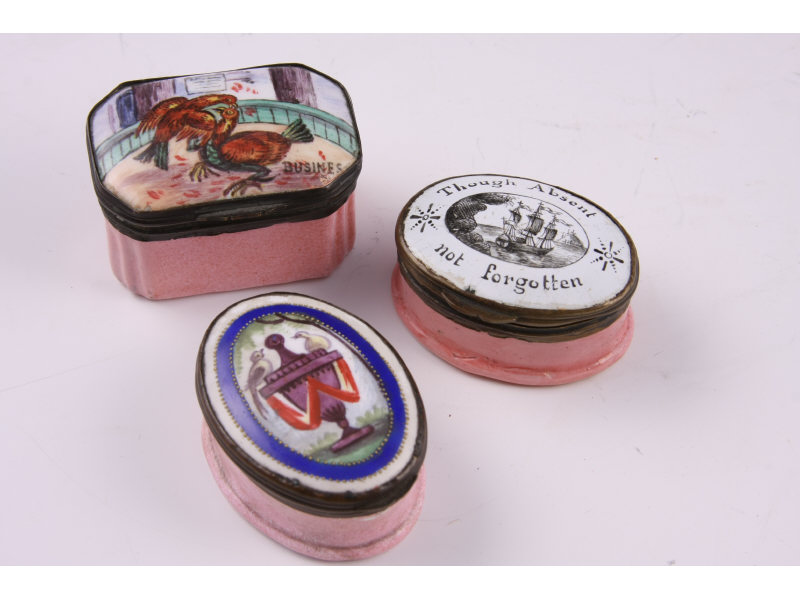 Appraisal: Three Painted Enamel Patchboxes th c one with Samson mark