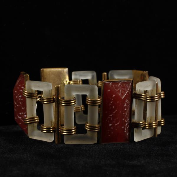 Appraisal: Czech Art Deco intaglio bohemian carnelian glass on brass bracelet