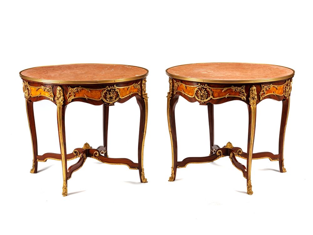 Appraisal: A Pair of Large Louis XV Style Bronze Mounted Marble-Top