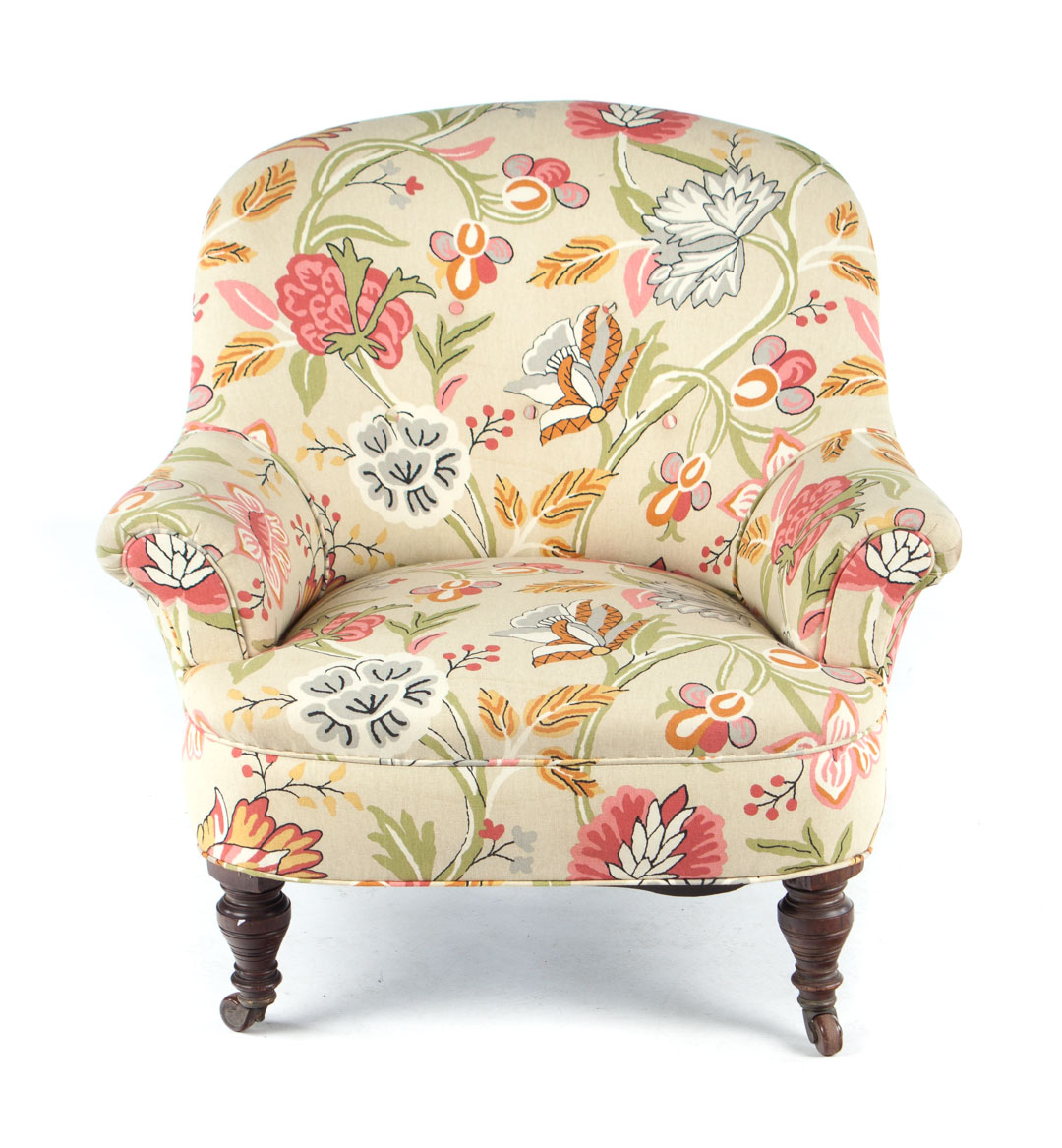 Appraisal: Edwardian upholstered walnut armchair curved floral upholstered button-back and scrolled