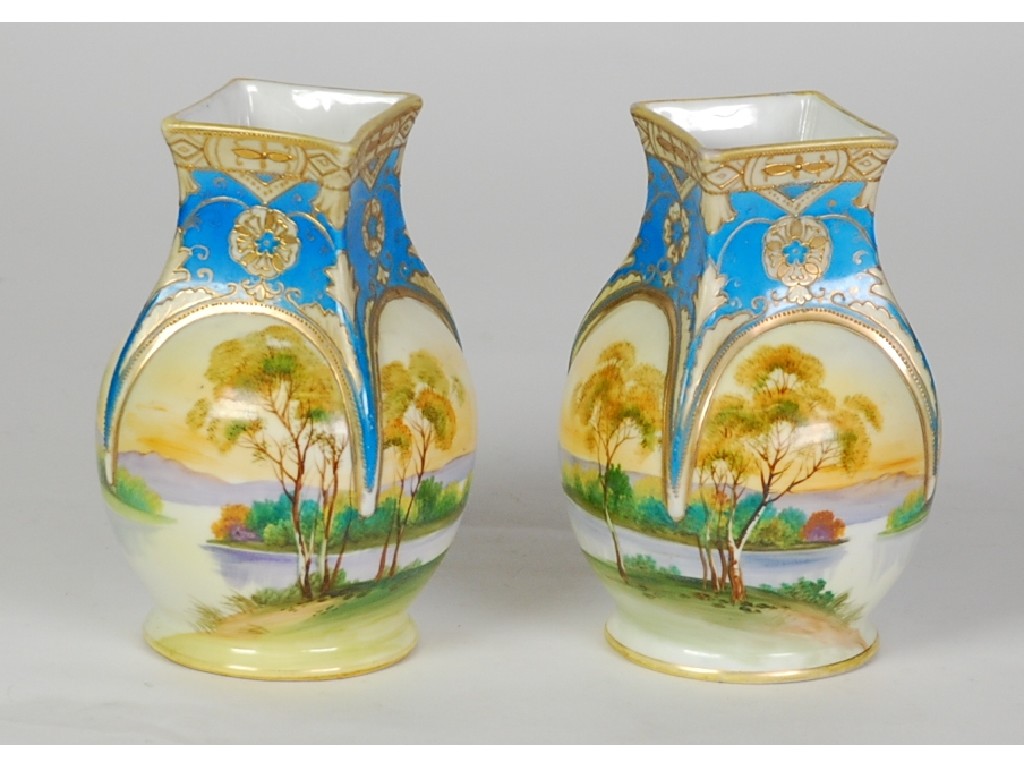 Appraisal: PAIR OF PRE WAR JAPANESE NORITAKE PORCELAIN VASES with square