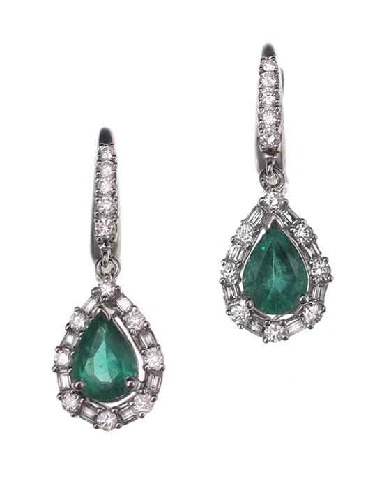 Appraisal: K DIAMOND EMERALD DROP EARRINGS K white gold earrings contain