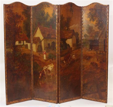 Appraisal: A th century painted four fold screen with arched top