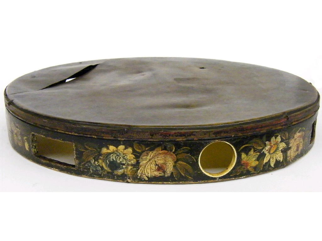 Appraisal: Interesting and rare George III tambourine the ebonised sides painted