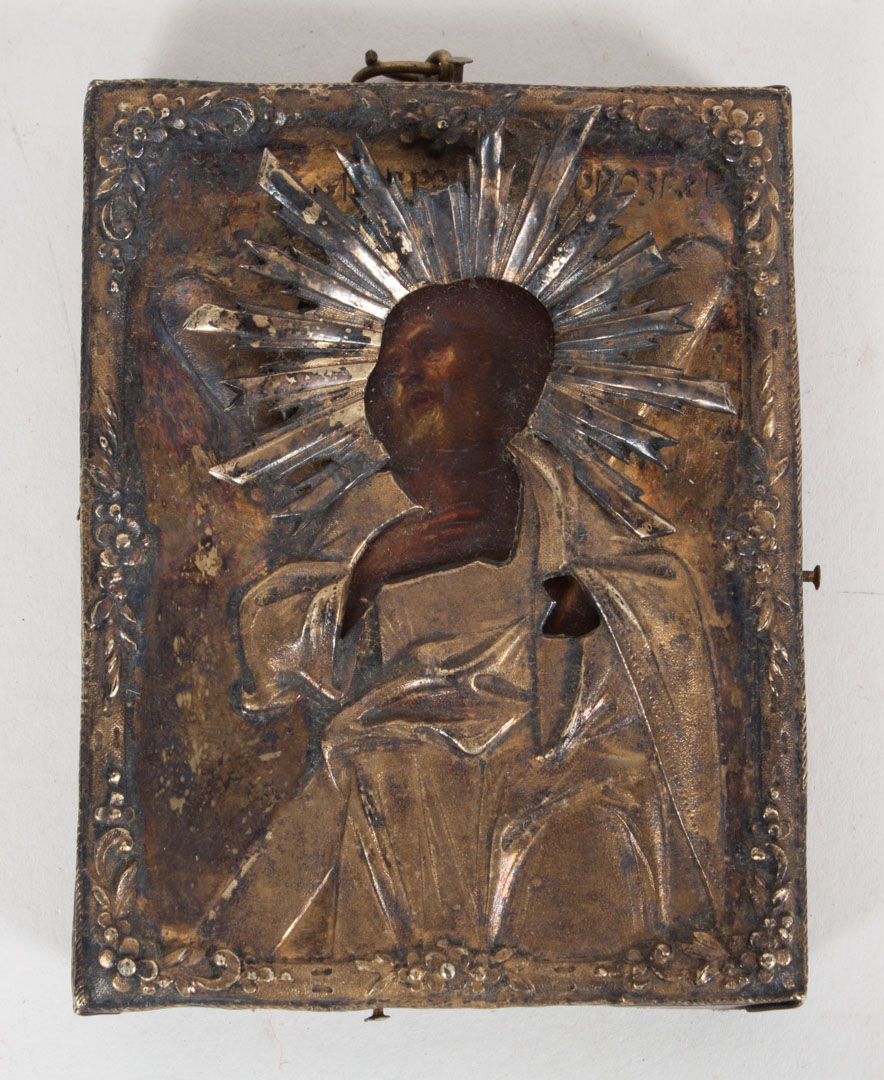 Appraisal: Russian miniature icon with silver riza th century oil on