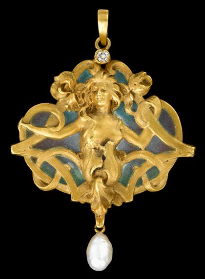 Appraisal: karat yellow gold glass pearl and diamond pendantart nouveau