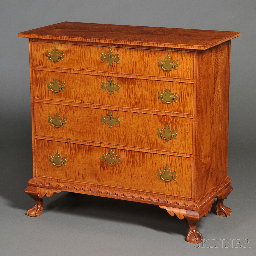 Appraisal: Carved Tiger Maple Chest of Four Drawers in the Dunlap