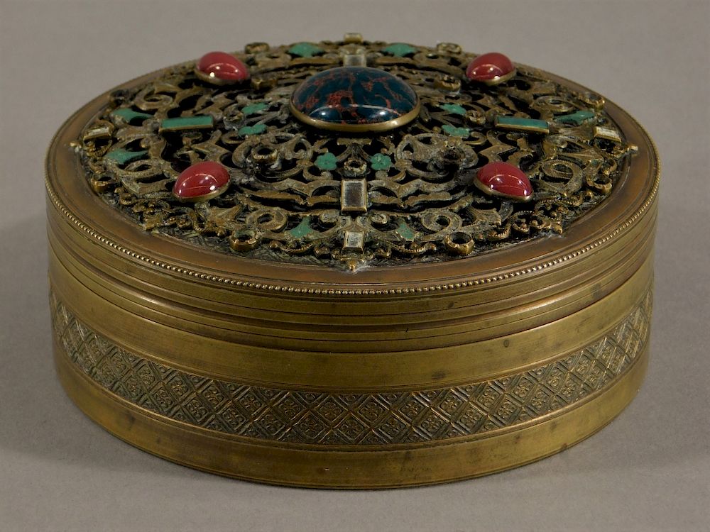 Appraisal: European Bronze Hardstone Jeweled Vanity Box Europe Early th Century