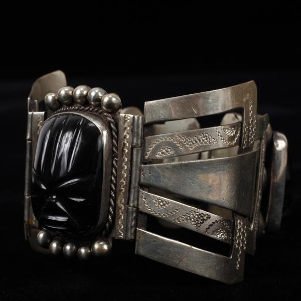 Appraisal: Vintage Mexican Silver Carved Black Onyx Tribal Figural Faces Hinged