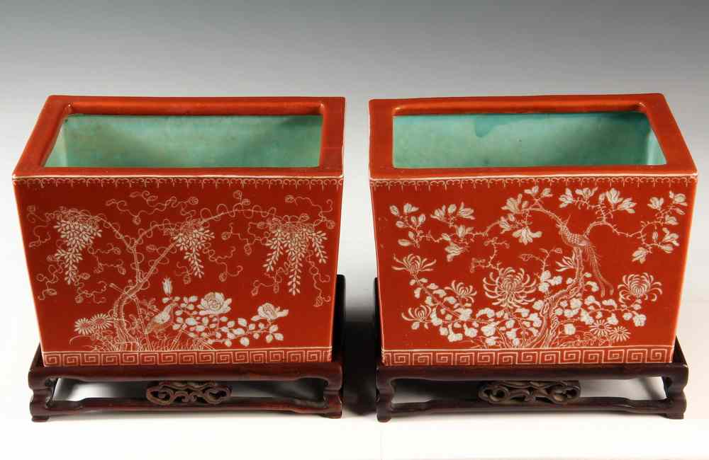 Appraisal: PAIR CHINESE JARDINIERES ON STANDS - th or th c