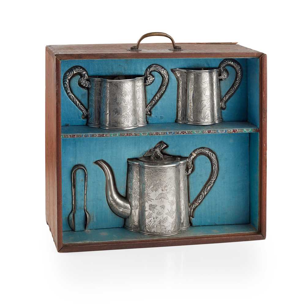 Appraisal: CASED CHINESE EXPORT SILVER THREE-PIECE TEA SERVICE WITH SUGAR TONGS