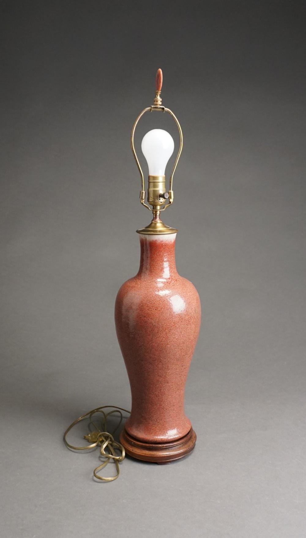 Appraisal: CHINESE RED GLAZED CERAMIC VASE MOUNTED AS A LAMP H