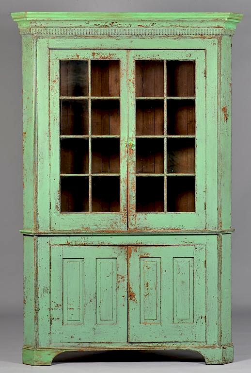 Appraisal: Early Ohio Green Painted Corner Cupboard Early Ohio corner cupboard